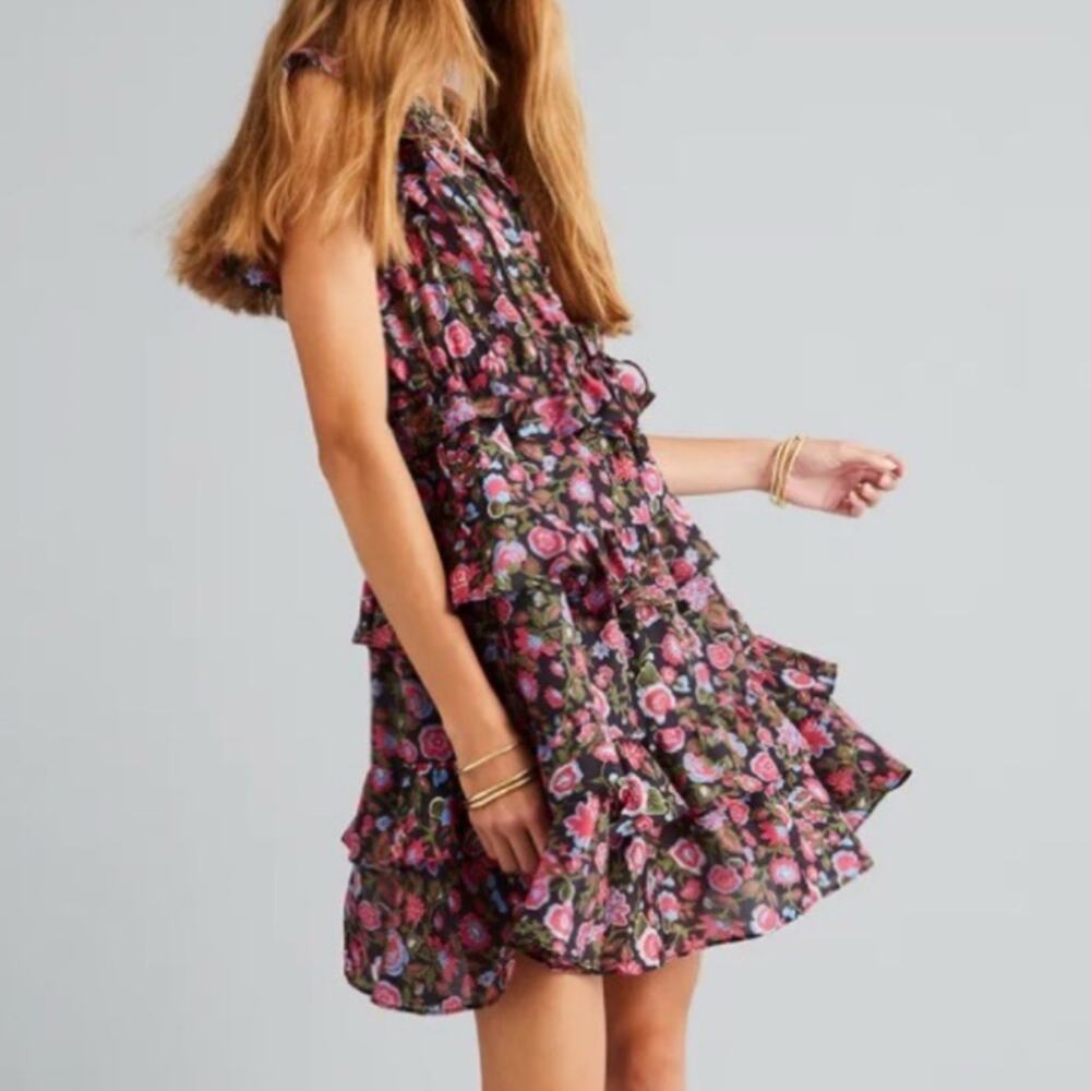 Figue 100% Silk Pleated Bodice Black Floral Tiered Ruffle Mini Dress S $825